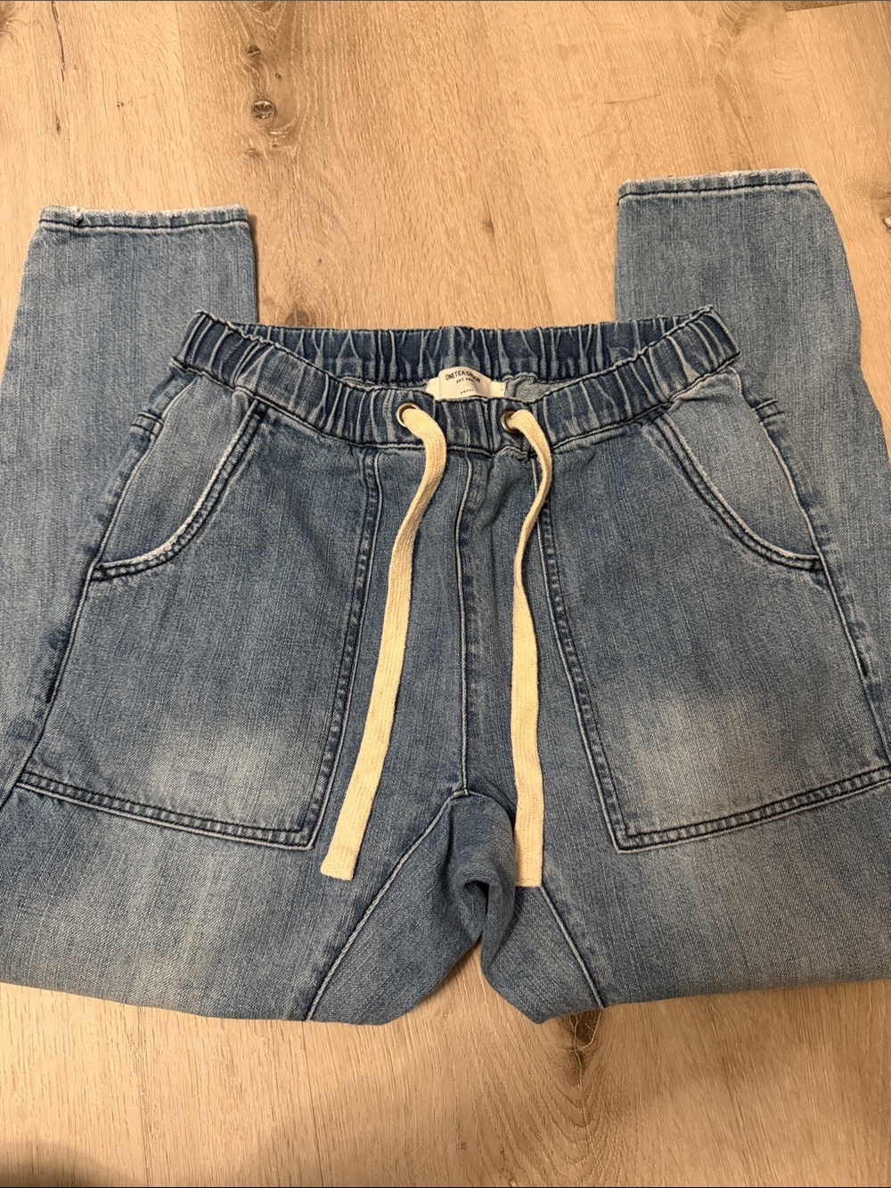 One Teaspoon Blue Washed Denim Joggers with Cream Drawstring